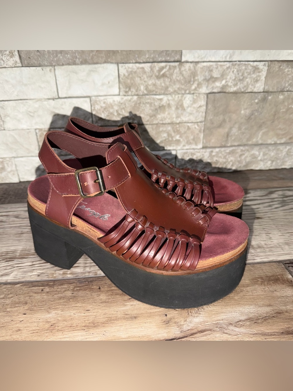 Free People Ava Platform Sandal Burgundy Huarache Weaved Leather 38 - Picture 3 of 8